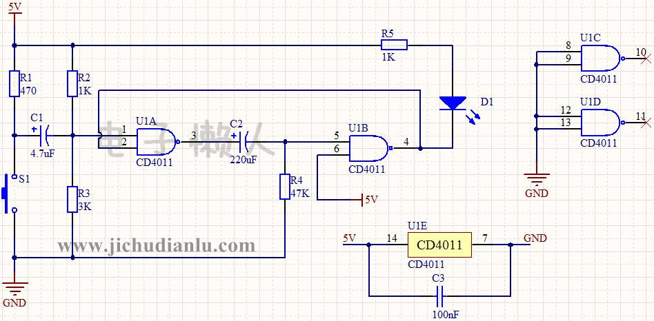 与非门单稳态按键延时灯的效果图演示基础硬件电路图讲解