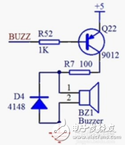 9012三极管驱动蜂鸣器电路原理图    解释:当晶体管突然导通(in信号
