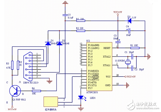 简单的2051单片机电脑遥控器电路图