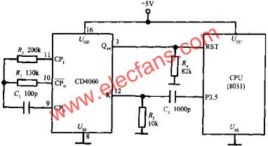 由CD4060组成的看门狗电路  www。elecfans。com