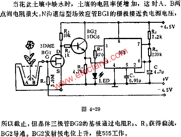 时基集成电路组成盆花缺水指示器电路图  www、elecfans、com