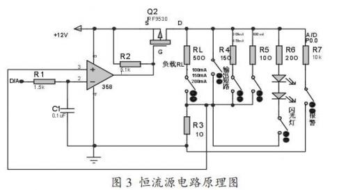 3,恒流源电路设计该电路主要由lm358运放和p沟道场效应管f9530n组成.