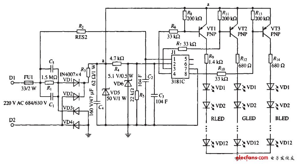 图1 LED景观照明灯电路