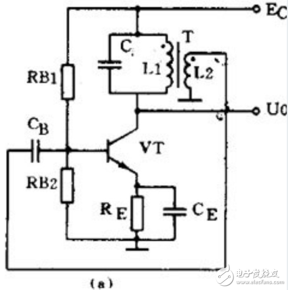 这是一个共射极放大电路,变压器t初级线圈l1和c构成lc谐振电路,发生