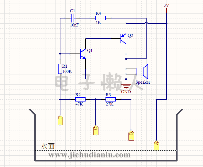 由自激多諧振盪器設計而成的水位報警器的效果圖演示基礎硬件電路圖